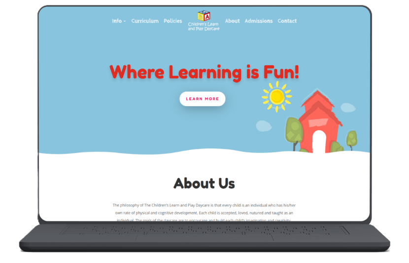 preview of children's learn and play daycare website on laptop mockup