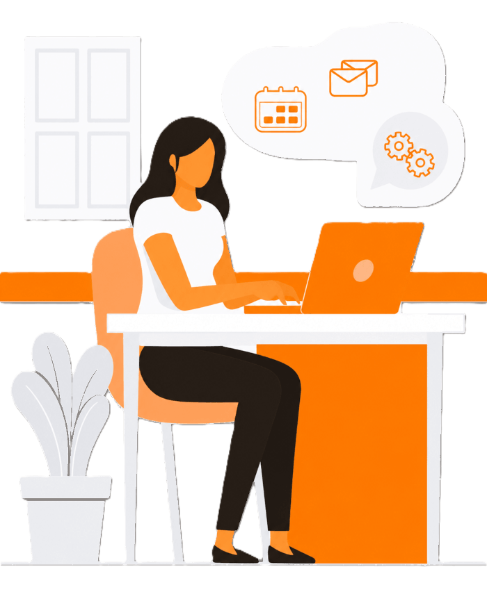 small-business-website-support-transparent Illustration of a web designer working on website strategy, project planning, and website support for small businesses.