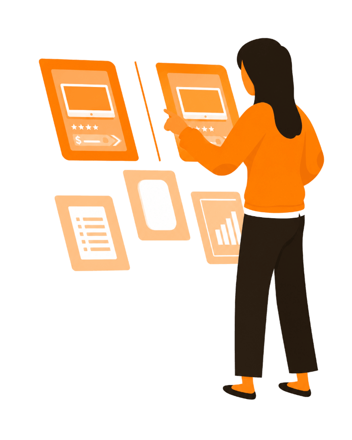 Website Design Planning Illustration of a woman interacting with floating digital interface panels